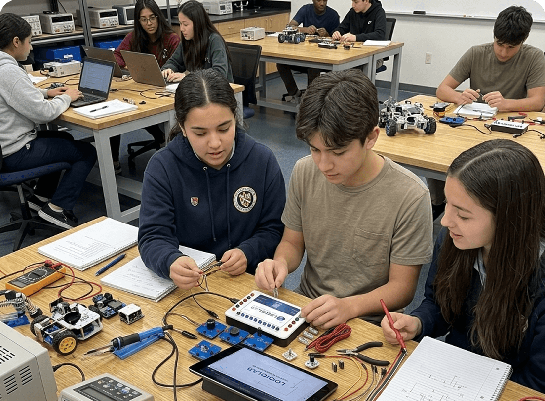 Students working through LogiqLab curriculum labs with the device in class