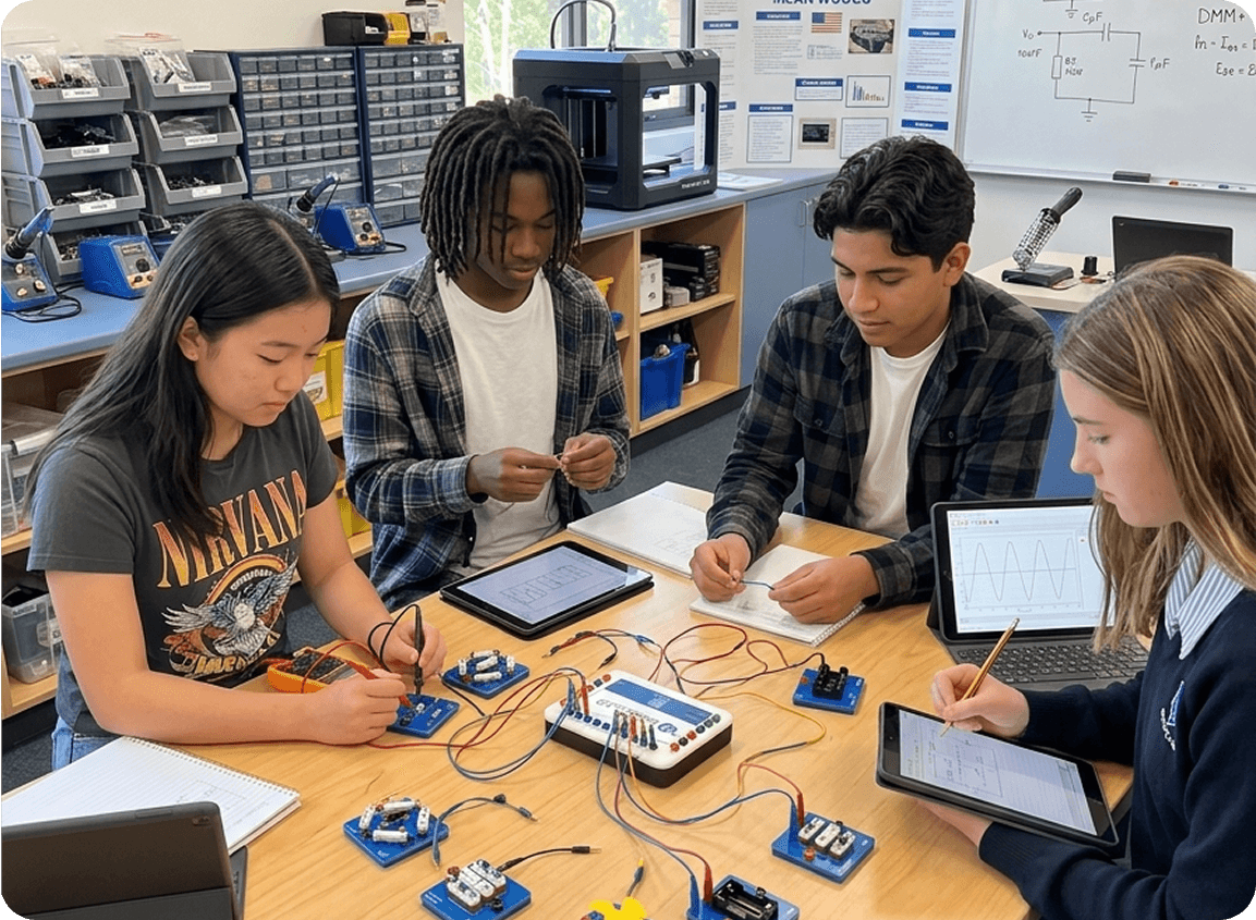 High school students building and measuring circuits with the LogiqLab kit in a lab