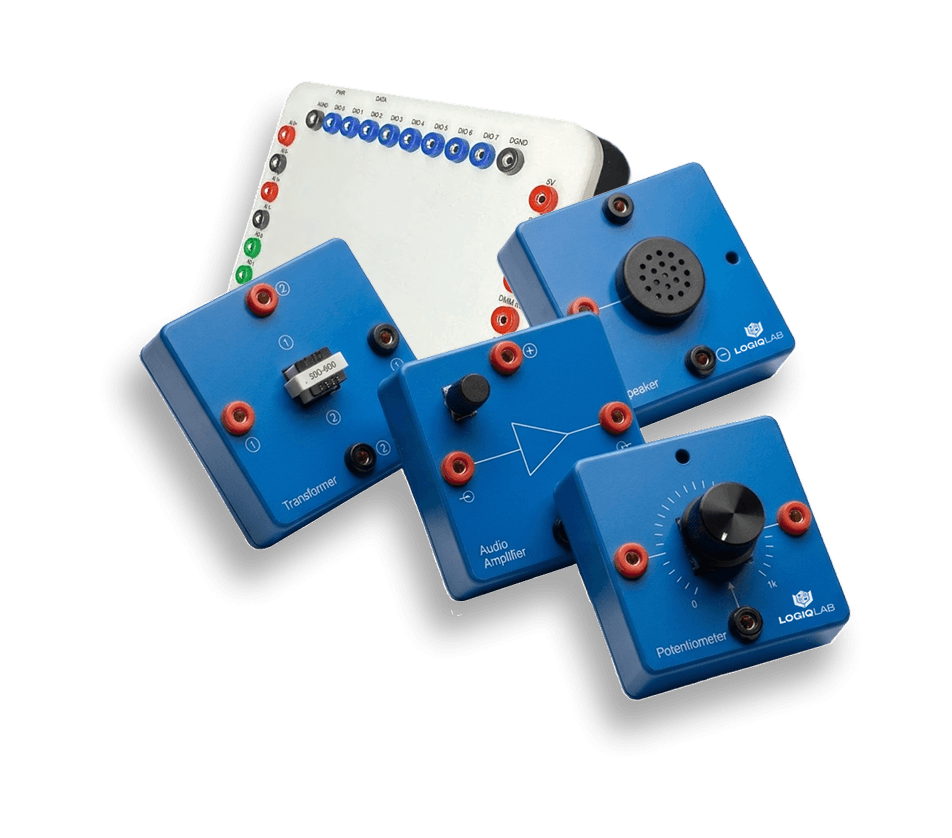 LogiqLab engineering lab kit — modular hardware modules including transformer, audio amplifier, speaker, and potentiometer