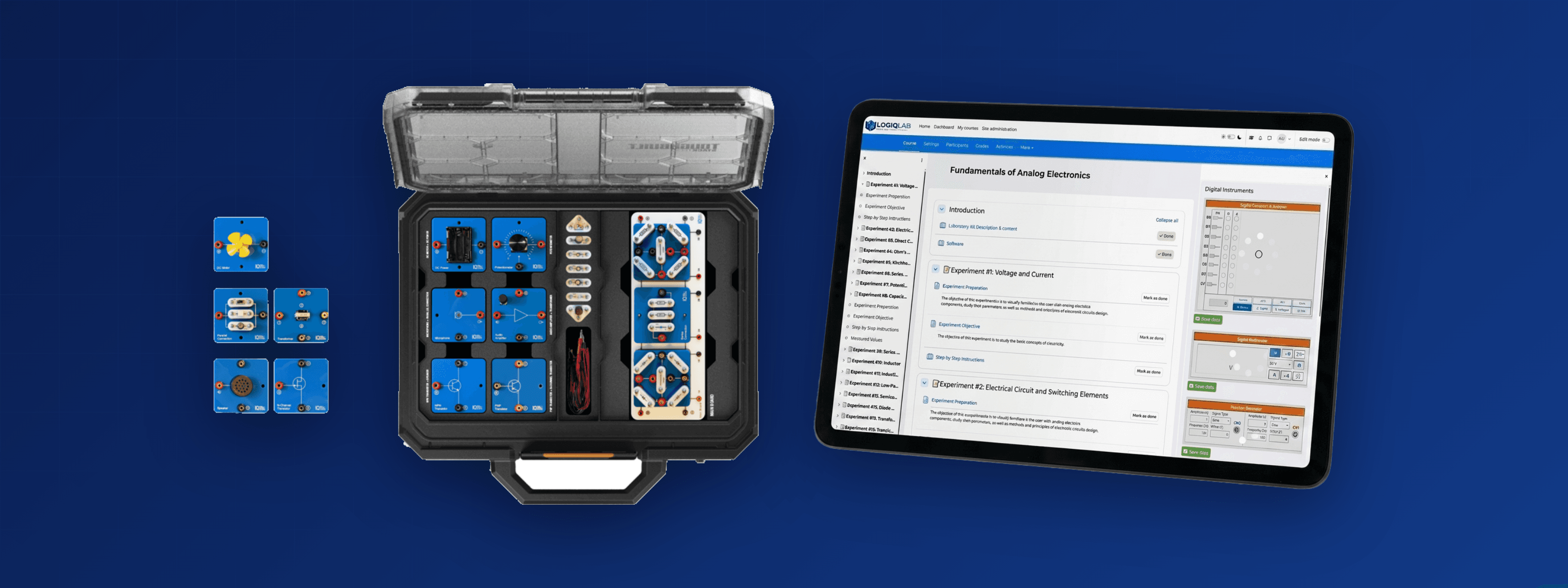 The LogiqLab hardware kit modules, carrying case, and tablet showing the Fundamentals of Analog Electronics course with live digital instruments