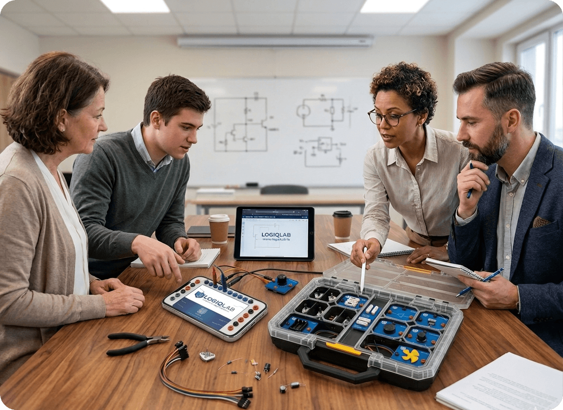 Educators and administrators reviewing a LogiqLab engineering lab kit together